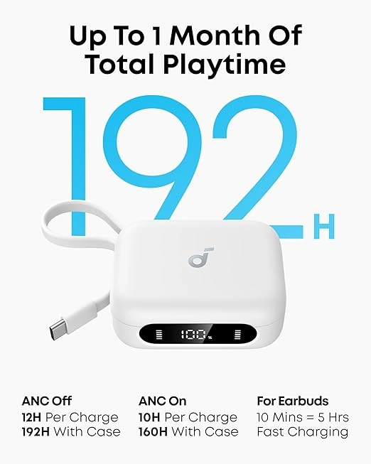 سماعات أذن بلوتوث لاسلكية ساوندكور P41i بإلغاء الضوضاء مع شاحن موبايل ومحول لايتنينج بوقت تشغيل حتى 12 ساعة (و192 ساعة مع العلبة) بـ 6 ميكروفونات مدعومة بالذكاء الاصطناعي مقاومة للماء IPX5 من انكر