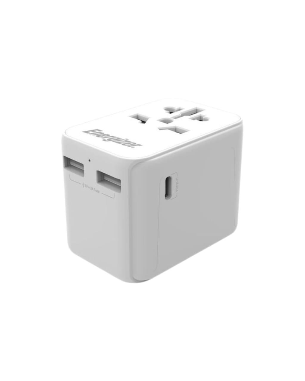 محول سفر عالمي TA633M من Energizer لهاتف iPhone، 3 منافذ USB-A و1 منفذ USB-C، مقابس الاتحاد الأوروبي/الولايات المتحدة/أستراليا/المملكة المتحدة، مقبس طاقة 12 وات، مفتاح تشغيل/إيقاف، أبيض | TA6