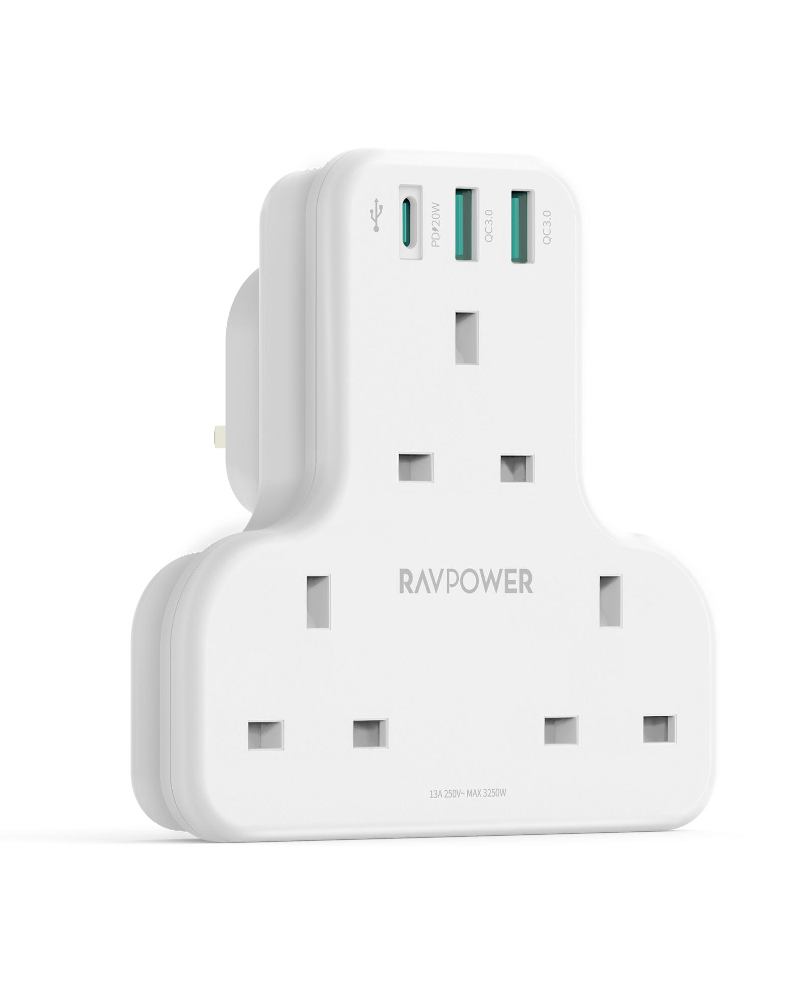 راف باور,شاحن  PD Pioneer 20W بثلاثة منافذ أبيض الإصدار البريطاني مع 3 قابس تيار متردد