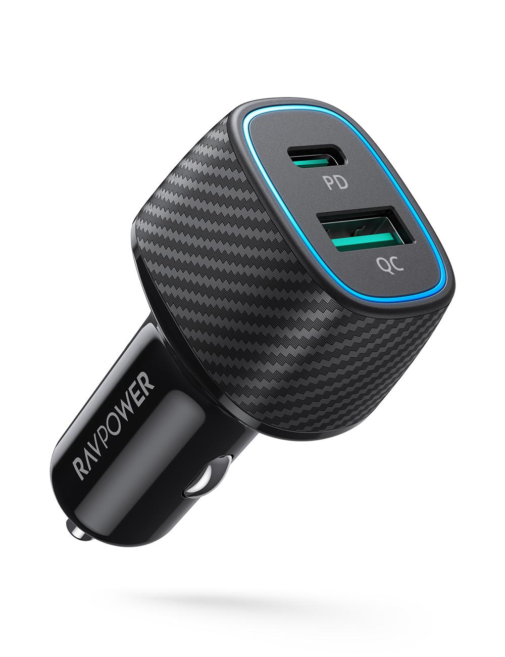 راف باور،شاحن سيارة  RP-VC009 ثنائي المنفذ بقوة 48 وات مع PD30W   QC3.0 أسود