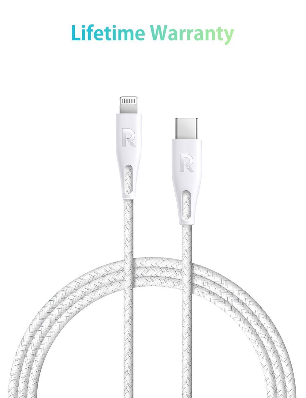 راف باور،كابل Type-C إلى Lightning بطول 2 متر من النايلون الأبيض - G3MV