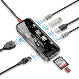 موزع USB-C متعدد المنافذ فائق السرعة شفاف 8 في 1 مع توصيل طاقة 100 وات