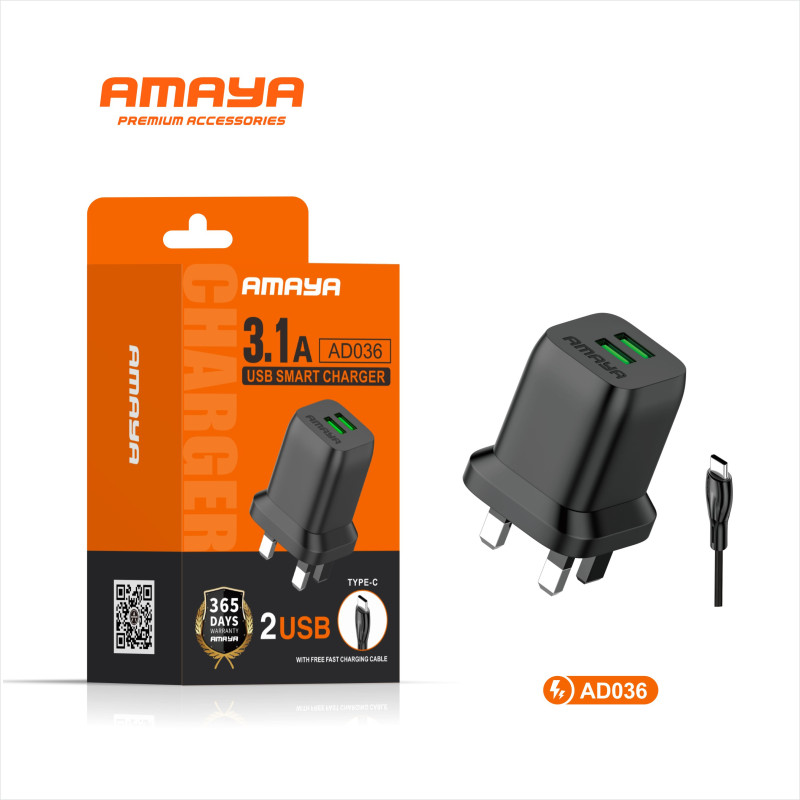 شاحن منزلي مع واير تايب سى 2 مدخل 3.1 امبير اسود امايا AD036-TC