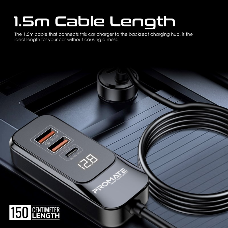 شاحن سيارة بقدرة 120 واط مع وصلة شحن للمقعد الخلفي للسيارة، 2 × 30 واط USB-C للأجهزة اللوحية و ايباد واجوالات، 2 × 30 واط منفذ QC3.0، شاشة LED