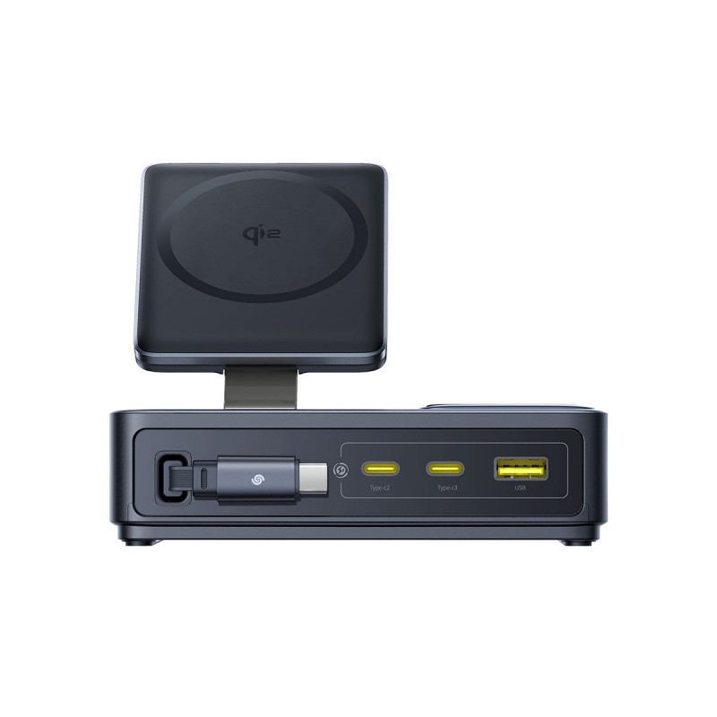 شاحن سطح المكتب Baseus NOMOS 5 في 1 بقوة 140 واط مع تقنية الشحن اللاسلكي Qi2 + كابل قابل للسحب + شاشة رقمية