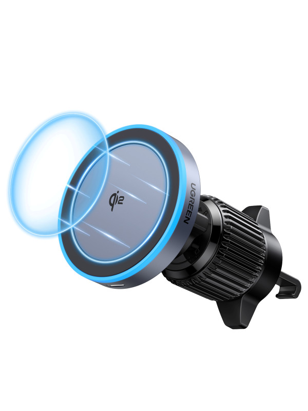يوجرين شاحن سيارة لاسلكي كيو اي 2 بقدرة 15 واط، حامل جوال مغناطيسي قوي للسيارة مع ضوء LED لسلسلة ايفون 16/15/14/13/12